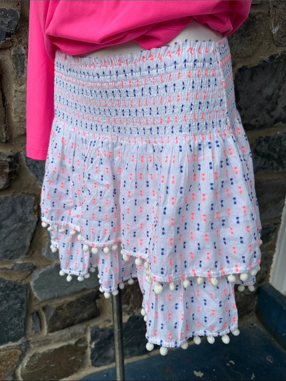 Lilly Pulitzer Ethenia Layered Pom Pom Layered Mini Skirt in Neon Clip Dot Large